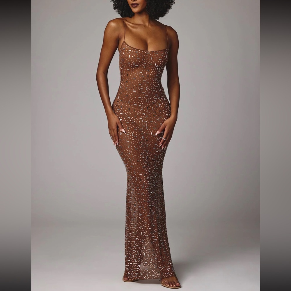 Sheer Embellished Scoop Neck
Evening Gown in Mocha